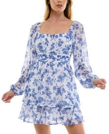 Trixxi Juniors Floral Print Chiffon Blouson-Sleeve Fit Flare Dress - Macys at Macys