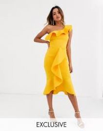 True Violet exclusive one shoulder frill bodycon dress in ochre at ASOS