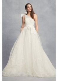 Tulle one shoulder aline wedding gown at Davids Bridal