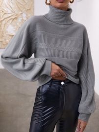 Turtle Neck Dolman Sleeve Cable Knit Sweater USA at Shein