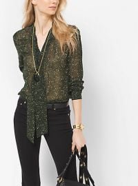 Tweed-Print Chiffon Tie-Neck Blouse at Michael Kors