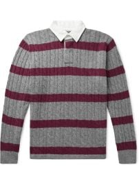 Twill-Trimmed Striped Cable-Knit Wool-Blend Sweater by Beams Plus at Mr Porter