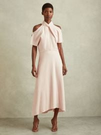 Twist Neck Cut Out Midi Dress in Nude REISS USA at Reiss