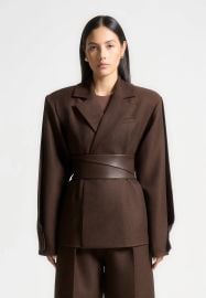 Twist Sleeve Tailored Blazer with Belt - Brown Manire De Voir USA at Manière De Voir