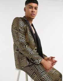 Twisted Tailor suit jacket with satin lapel with gold geo foil in black velvet at ASOS