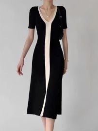 Two Tone V-Neck Knit Slit Midi Dress COMMENSE at Commense
