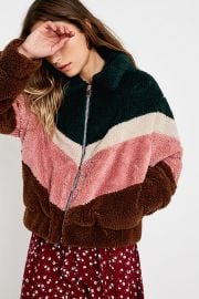 UO Pink Chevron Teddy Crop Jacket at Urban Outfitters