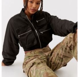 UO Urban Outfitters Jodie Cropped Bomber Jacket Womens Medium Black Military Cut eBay at eBay