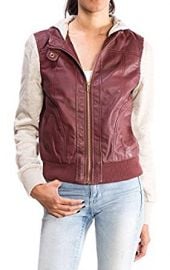 URBAN K WOMENS Moto Faux Leather Jacket with Inset Fleece Hoodie at Amazon