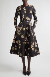 Uccelina Festive Lillies Long Sleeve Belted Fit & Flare Faille Midi Dress at Nordstrom
