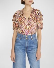 Ulla Johnson Annabella Ruffled Silk Twill Split-Neck Top at Neiman Marcus