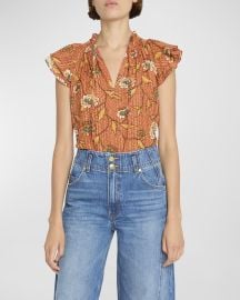 Ulla Johnson Annie Split-Neck Printed Crepe Top at Neiman Marcus