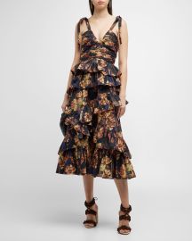 Ulla Johnson Candace Tie-Shoulder Tiered Ruffle Midi Dress at Neiman Marcus