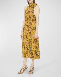 Ulla Johnson Maya Neck-Tie Midi Floral Silk Dress at Neiman Marcus