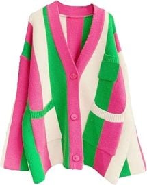 Unilexi Womens Loose Long Sleeve Rainbow Striped Cardigans Sweater Boho Color Block Chunky Knitted Tops at Amazon