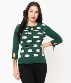 Unique Vintage Green  Sheep Print Swoosie Sweater at Retro Betty