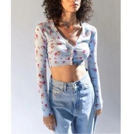 Urban Outfitters Sweaters Nwt Uo Dainty Floral Alicia Cropped Sweater Blue Fitted Knit Gem Button Cardigan Poshmark at Poshmark