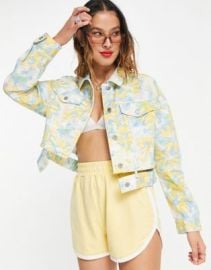 Urban Revivo floral print denim jacket with cut out detail in multi at ASOS