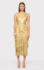 V NECK FOIL FRINGE MIDI DRESS HERV LGER at Herve Leger