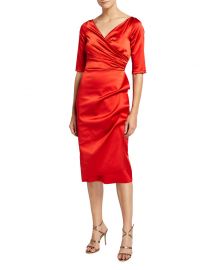 V-Neck Elbow-Sleeve Ruched Satin at Neiman Marcus