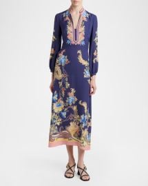 V-Neck Floral-Print Long-Sleeve Midi Dress at Neiman Marcus