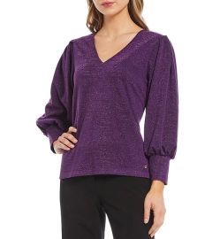 V-Neck Long Blouson Sleeve Shimmer Knit Top at Dillards