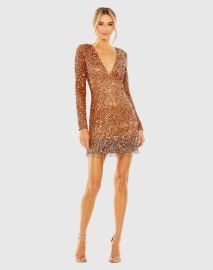 V Neck Long Sleeve Sequin Dress with Fringe Detail - Mac Duggal at Mac Duggal
