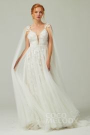 V-Neck Natural Sweep Zipper Wedding Dress Appliques Beading COCOMELODY CW2174 at Cocomelody