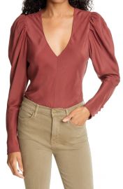 V-Neck Puff Shoulder Silk Top by Frame at Nordstrom