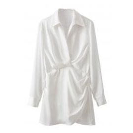 V-Neck Ruched Front Satin Shirt Dress in White at Chicwish