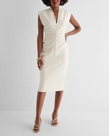 V-Neck Sleeveless Ruched Midi Sheath Dress at Express