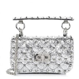 VALENTINO GARAVANI Glitter Mini Rockstud Spike Shoulder Bag Silver 681954 FASHIONPHILE at Fashionphile