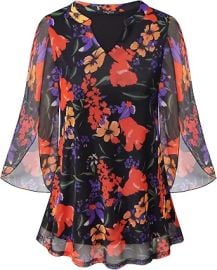 VALOLIA Women's 3/4 Sleeve Floral Tunic Tops V Neck Double Layers Loose Fit Mesh Blouses Shirt at Amazon