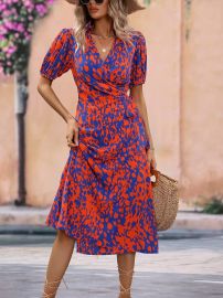 VCAY Allover Print Puff Sleeve Knot Side Wrap Hem Dress USA at Shein