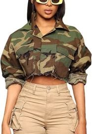 VDWIP Camo Jacket for Women Cropped Denim Bomber Jacket army fatigue Camouflage Jacket Long Sleeve Button Down Camo Coat at Womenx27s Coats Shop at Amazon