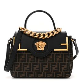 VERSACE X FENDI Grained Calfskin Fendace La Medusa Medium Top Handle Bag Black Brown 1205025 FASHIONPHILE at Fashionphile