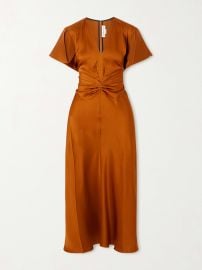 VICTORIA BECKHAM Gathered satin midi dress at Net a Porter