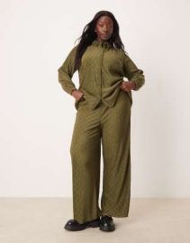 VILA Curve plisse wide leg pants in dark olive - part of a set at ASOS