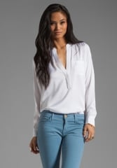 VINCE Silk Half Placket Pocket Shirt in White at Revolve