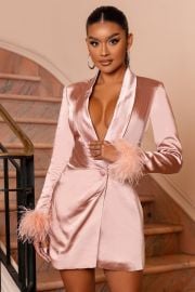 VIP   Nude Plunge Satin Feather Blazer Mini Dress                           ndash at Club L London - USA