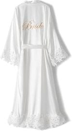 VOGUEMAX Womens Long Bride Bridesmaid Robe Lace Trim Sleepwear Getting Ready of Wedding Silky Kimono Robe at Amazon