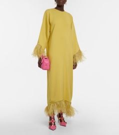 Valentino - Feather-trimmed silk midi dress at Mytheresa