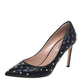 Valentino Black Quilted Leather Studded Pointed Toe Pumps Size 375 Valentino at The Luxury Closet