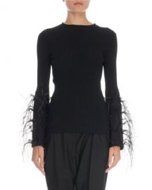 Valentino Feather-Cuff Crewneck Sweater at Neiman Marcus