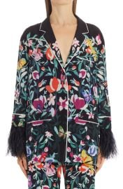 Valentino Floral Print Silk Top with Feather Trim Cuffs in Nero Multicolor K92  at Nordstrom