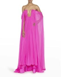 Valentino Garavani Plunging Off The Shoulder Silk Cape Gown at Neiman Marcus