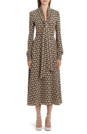 Valentino Garavani VLOGO Long Sleeve Tie Neck Silk Dress at Nordstrom