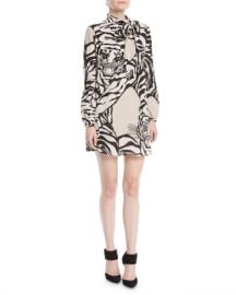 Valentino Long-Sleeve Short Tiger-Print Dress in Georgette Silk at Neiman Marcus