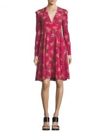 Valentino Lotus-Print Silk V-Neck Dress at Neiman Marcus