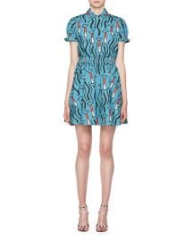 Valentino Short-Sleeve Lipstick-Print Collared Dress - at Bergdorf Goodman